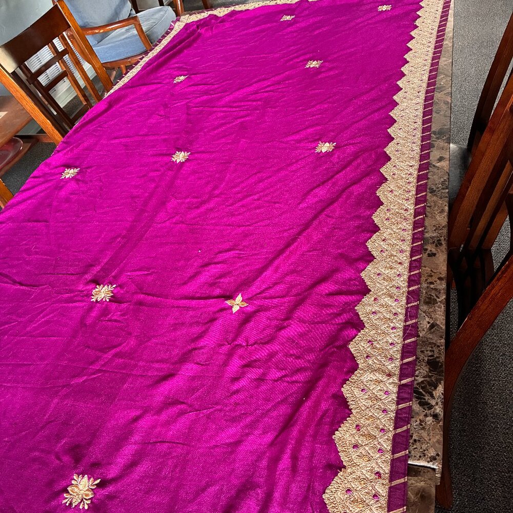 Purple Fancy Silk Sari with Lined Gold Border